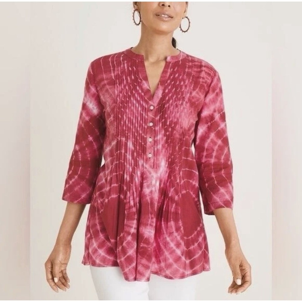 Chico's Size-2 Women's Boho Cotton Tie-Dye Pintuck‎ Peasant Blouse